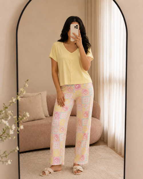 Ensemble pyjama pantalon femme en coton et viscose, coloris jaune — La Parenthèse