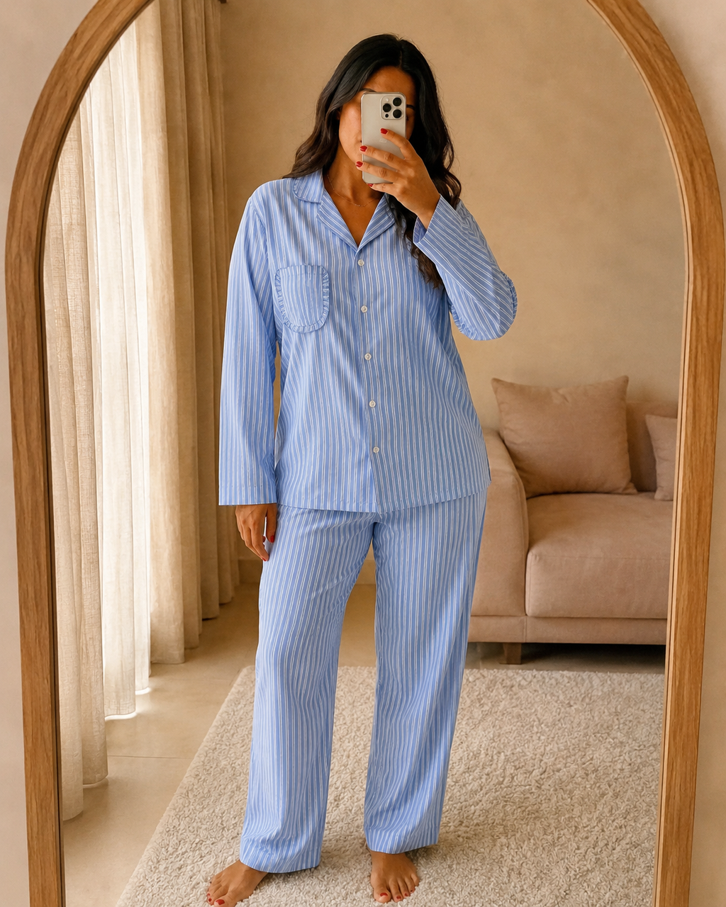Pyjama femme bleu chemise manches longues et pantalon long à rayures - Le Rituel MOLLIA