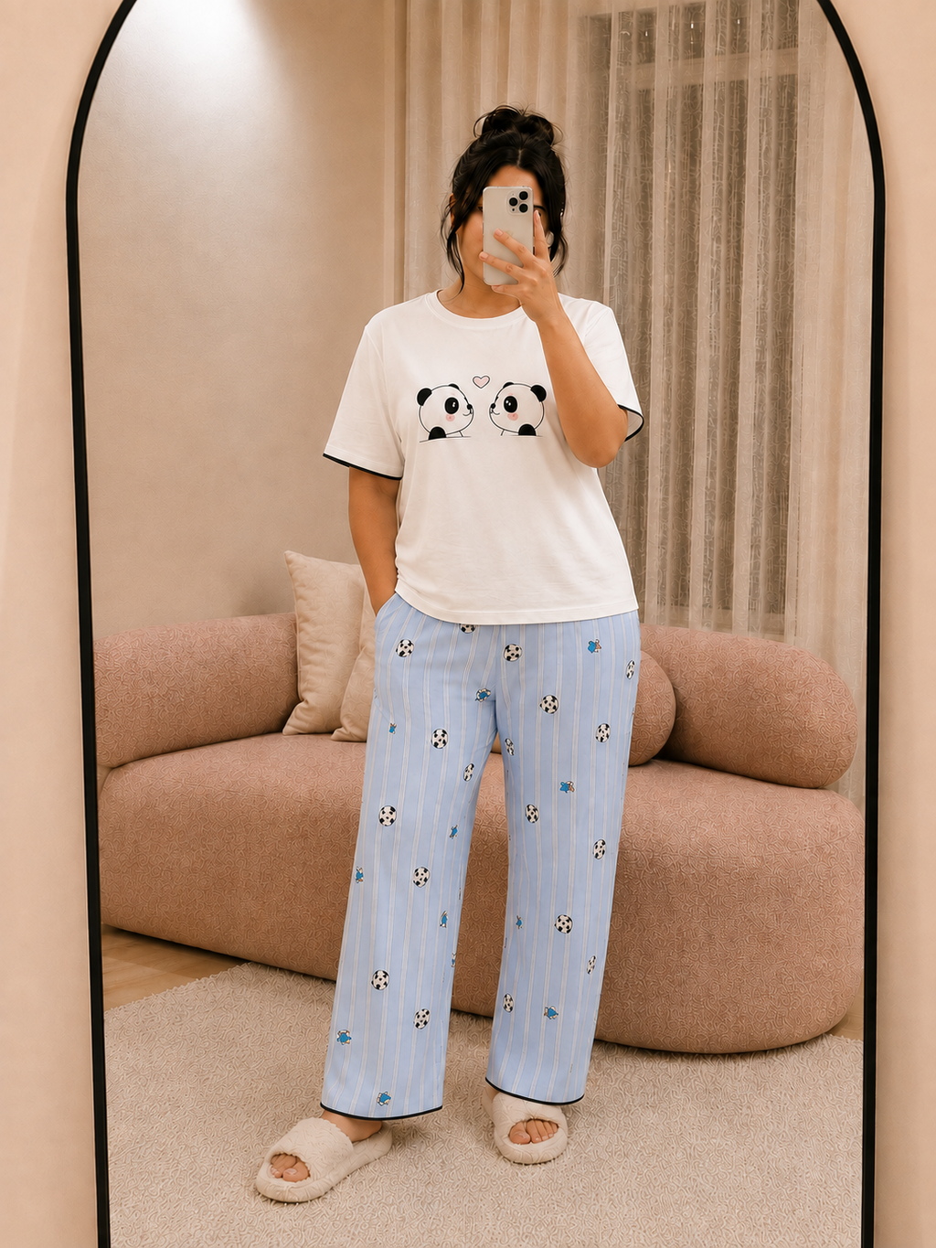Pyjama femme bleu ciel t-shirt imprimé pandas et pantalon long en RIB - Le Câlin MOLLIA
