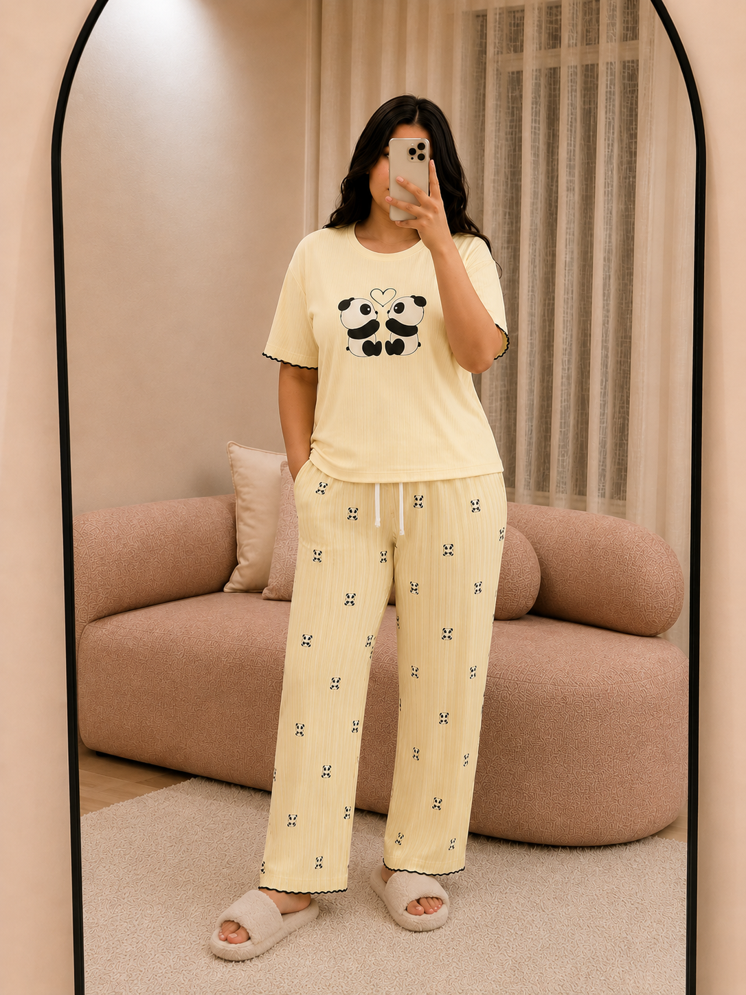 Pyjama femme jaune t-shirt imprimé pandas et pantalon long en RIB - Le Câlin MOLLIA