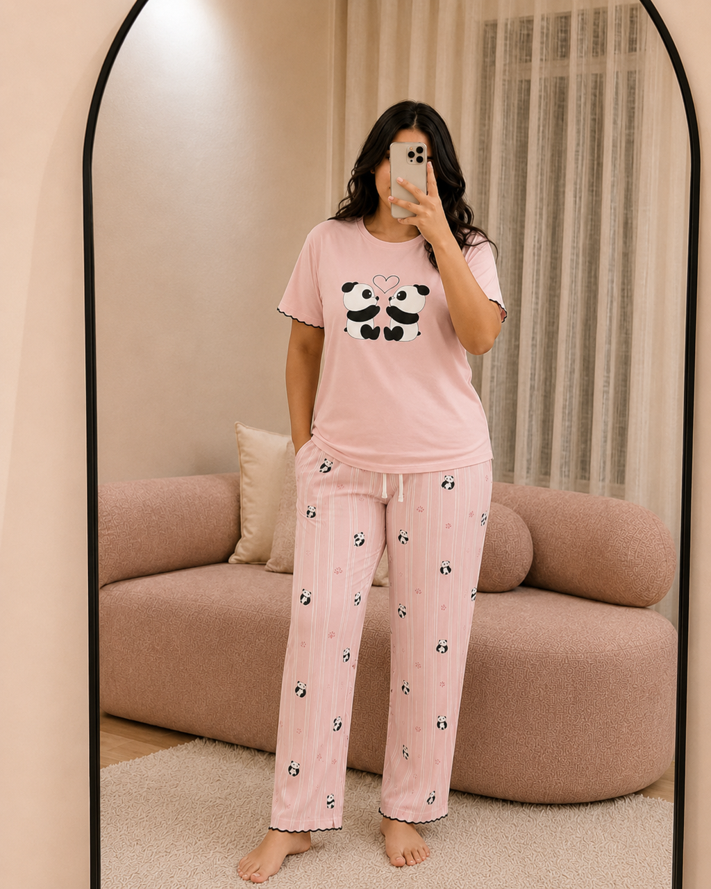 Pyjama femme rose t-shirt imprimé pandas et pantalon long en RIB - Le Câlin MOLLIA