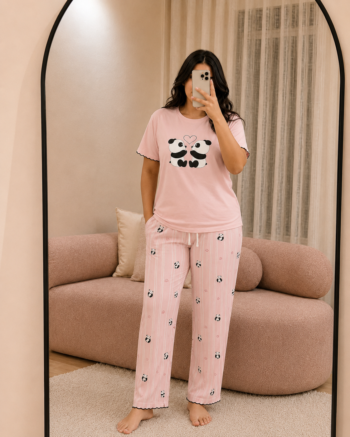 Pyjama femme rose t-shirt imprimé pandas et pantalon long en RIB - Le Câlin MOLLIA