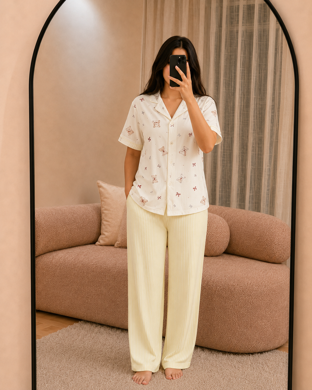 Pyjama femme Le Doudou jaune : chemise boutonnée imprimé nounours et pantalon large en RIB