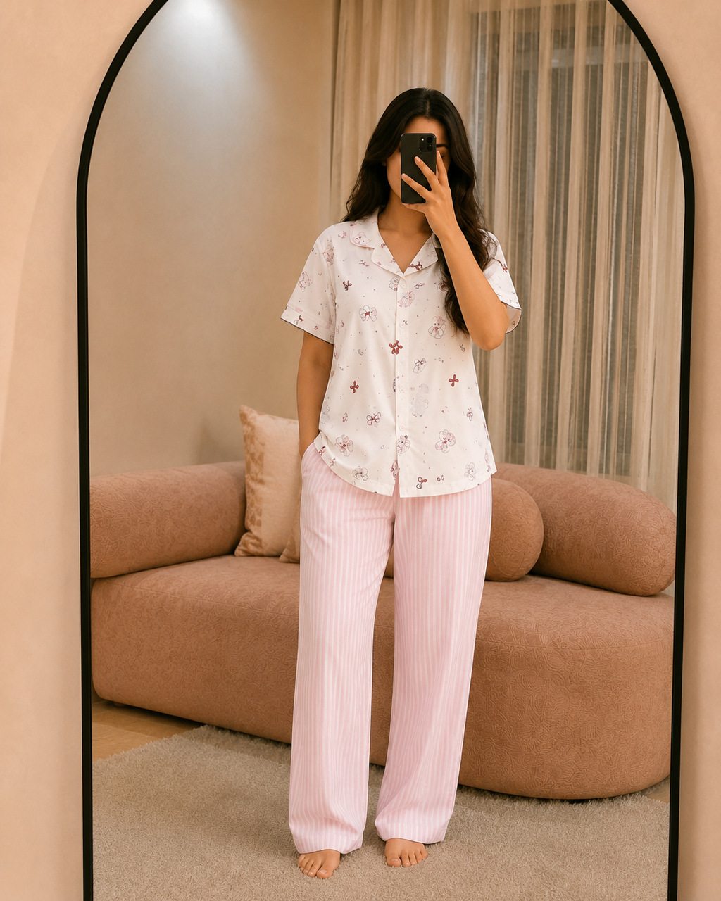 Pyjama femme Le Doudou rose : chemise boutonnée imprimé nounours et pantalon large en RIB