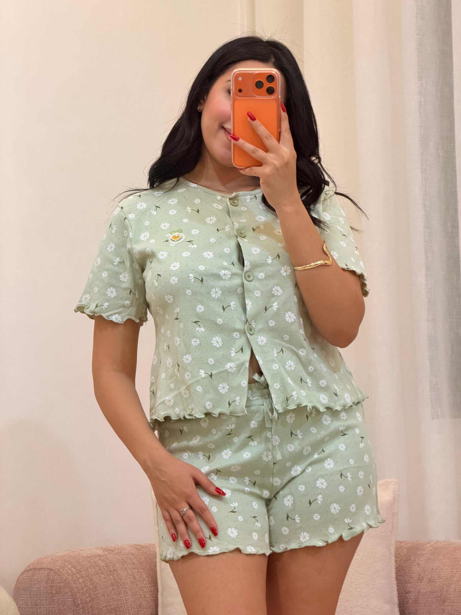 Pyjama short femme en coton doux, coloris vert — L'Après-Douche