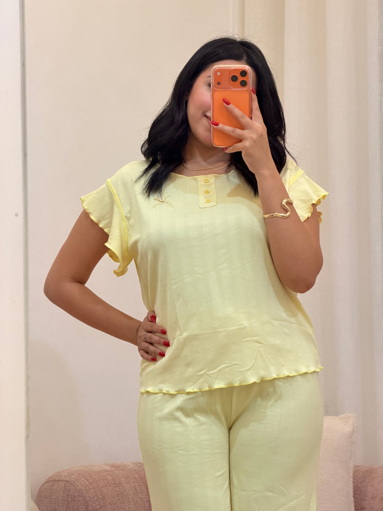 Pyjama 2 pièces femme en coton doux, coloris jaune — Le Vrai Calme