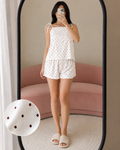 Ensemble caraco et short en satin, coloris blanc à motif coccinelles — La Coccinelle