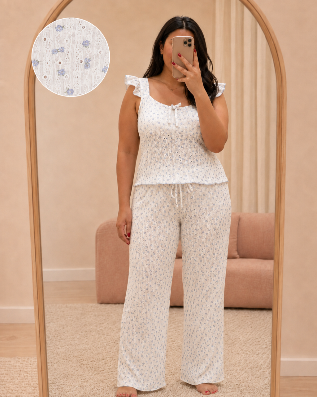 Ensemble caraco et pantalon large en broderie anglaise, coloris bleu ciel — La Romance