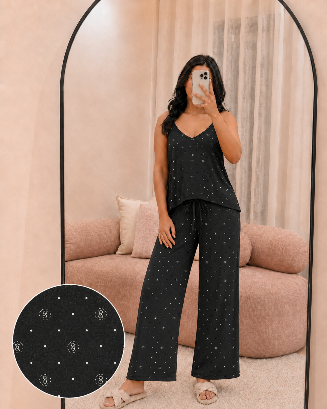 Pyjama satin femme, ensemble caraco et pantalon, coloris noir — La Soirée